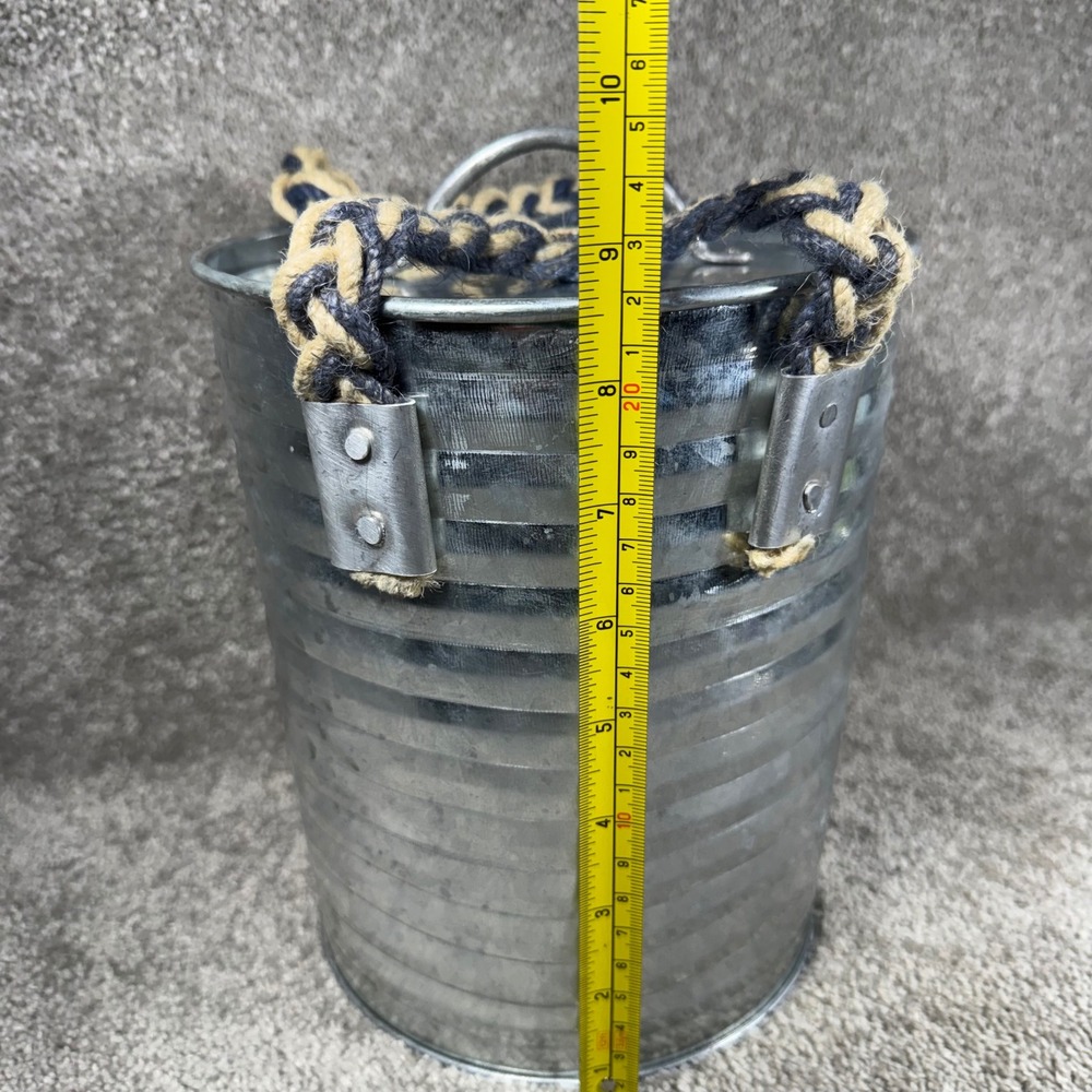 Ice Bucket Silver Galvanized Ribbed Rope Handle Nautical Farmhouse Set - Picture 4 of 14